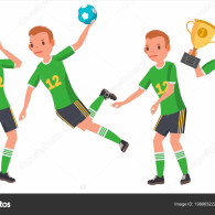 Handball Male Player Vector. In Action. Throws Ball In Jump. Poses. Attack Figure. Cartoon Character Illustration